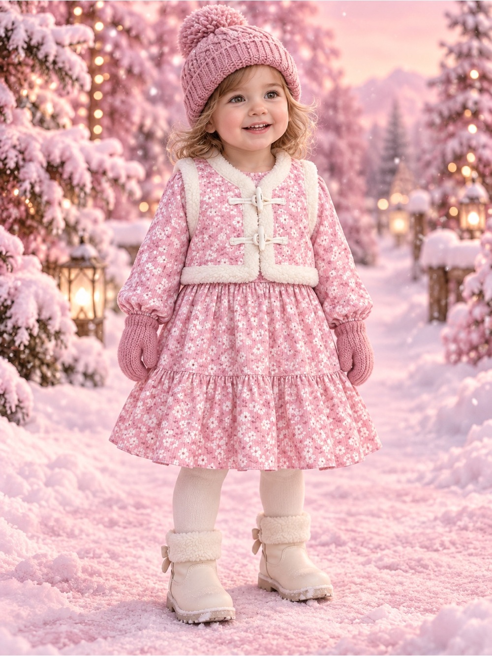 Lots of Love Girls 4T Pink Floral Ribbed Dress Sherpa Vest Set